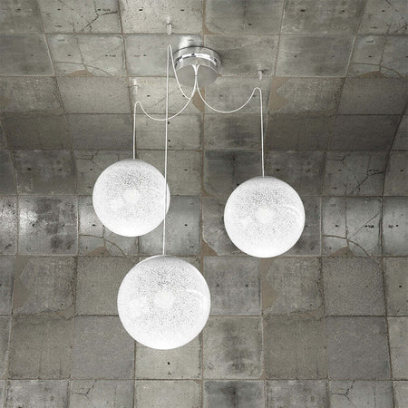 Sospensione-Contemporanea-Glitter-Metallo-Cromo-Vetro-Soffiato-Trasp-3-Luci-E14