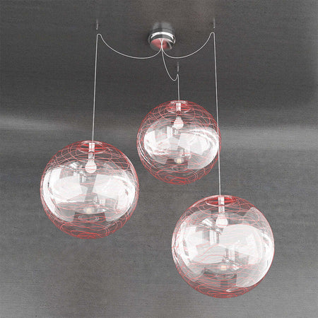 Sospensione-Contemporanea-Moon-Metallo-Cromo-Vetro-Rosso-3-Luci-E27-D.40Cm