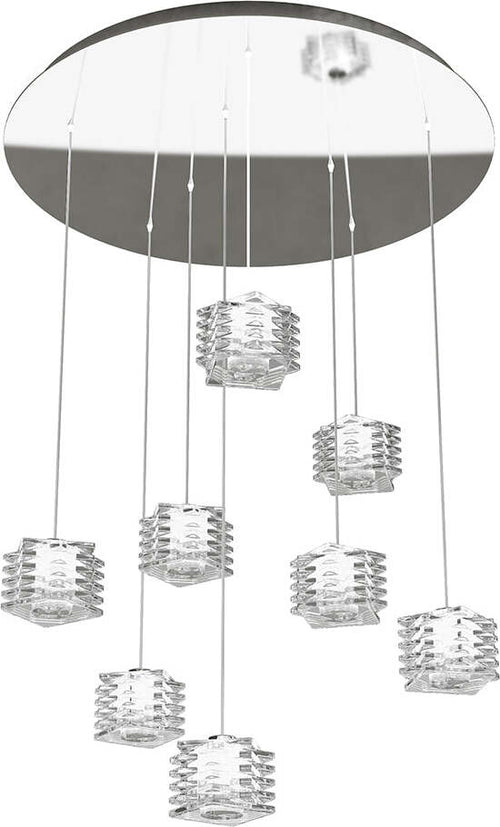 Sospensione-Contemporanea-Rubik-Metallo-Cromo-Diffusore-Cristallo-8-Luci-G9