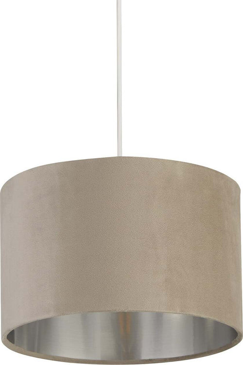 Sospensione-Contemporanea-Tamburo-Acciaio-Argento-Tessuto-Tortora-1-Luce-D28Cm