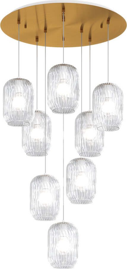 Sospensione-Contemporanea-Tender-Metallo-Ottone-Satinato-Vetro-Trasp-8-Luci-E27