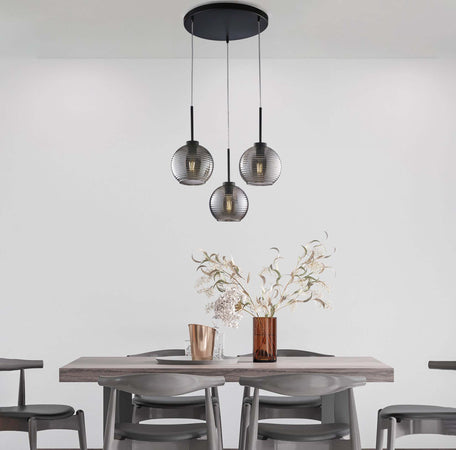 Sospensione-Moderna-Ankara-3-Luci-Ferro-Nero-Vetro-Soffiato-Grigio-Specchiato