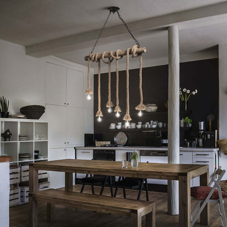 Sospensione-Rustica-Country-Canapa-Metallo-Marrone-Tessuto-Marrone-6-Luci-E27