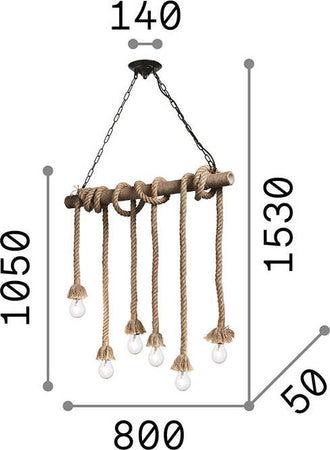 Sospensione-Rustica-Country-Canapa-Metallo-Marrone-Tessuto-Marrone-6-Luci-E27