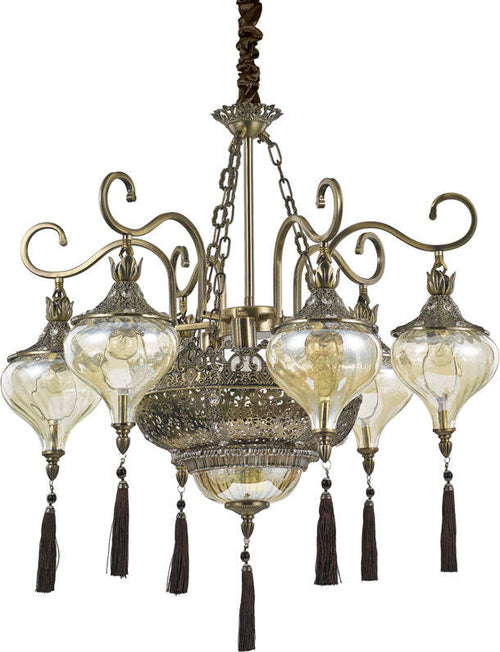 Sospensione-Vintage-Decò-Harem-Metallo-Ottone-Brunito-9-Luci-E27
