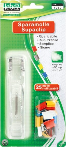 Sparamolle SuperClip - 25 mollette incluse - misure assortite - colori assortiti - Lebez Cancelleria e prodotti per ufficio/Archivio ufficio e accessori per scrivania/Nastri colle elastici e graffette/Graffette molle fermacarte e anelli Eurocartuccia - Pavullo, Commerciovirtuoso.it