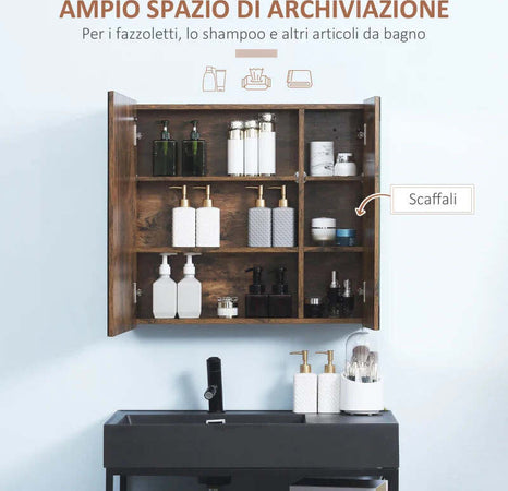 Specchiera-Bagno-con-Luci-LED-Regolabili,-2-Ante-e-Mensola-Regolabile,-70x15x65cm,-Marrone-YH9834-442YH9