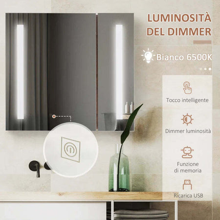 Specchiera-Bagno-con-Luci-LED-Regolabili,-2-Ante-e-Mensola-Regolabile,-70x15x65cm,-Marrone-YH9834-442YH9