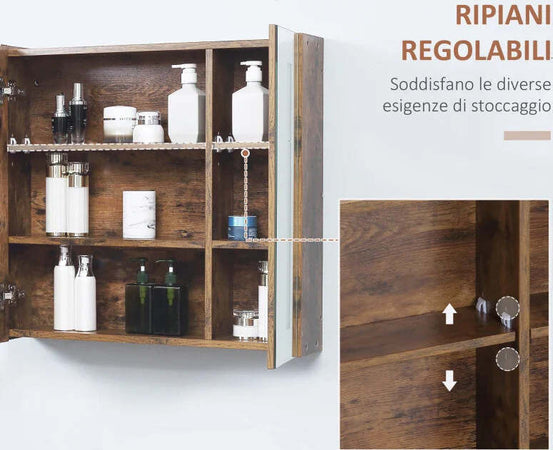 Specchiera-Bagno-con-Luci-LED-Regolabili,-2-Ante-e-Mensola-Regolabile,-70x15x65cm,-Marrone-YH9834-442YH9