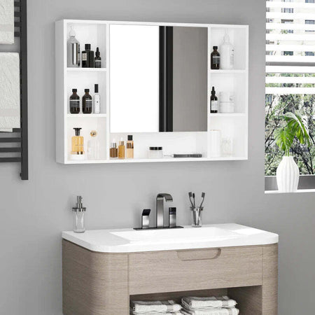 Specchiera-Bagno-con-Mensole-Aperte-e-Armadietto-con-Anta-Specchiata,-Mobiletto-Bagno-Salvaspazio-Bianco,-100x15x70cm-GT6834-419GT6