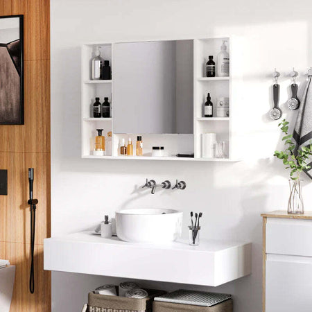 Specchiera-Bagno-con-Mensole-Aperte-e-Armadietto-con-Anta-Specchiata,-Mobiletto-Bagno-Salvaspazio-Bianco,-100x15x70cm-GT6834-419GT6