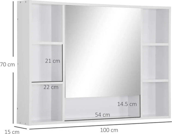 Specchiera-Bagno-con-Mensole-Aperte-e-Armadietto-con-Anta-Specchiata,-Mobiletto-Bagno-Salvaspazio-Bianco,-100x15x70cm-GT6834-419GT6