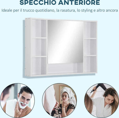 Specchiera-Bagno-con-Mensole-Aperte-e-Armadietto-con-Anta-Specchiata,-Mobiletto-Bagno-Salvaspazio-Bianco,-100x15x70cm-GT6834-419GT6