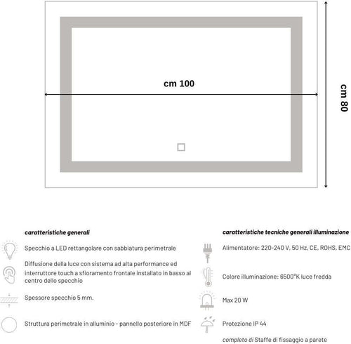Specchio-5-mm-Rettangolare-Squadrato-Cornice-Led-Interruttore-Touch-MDF