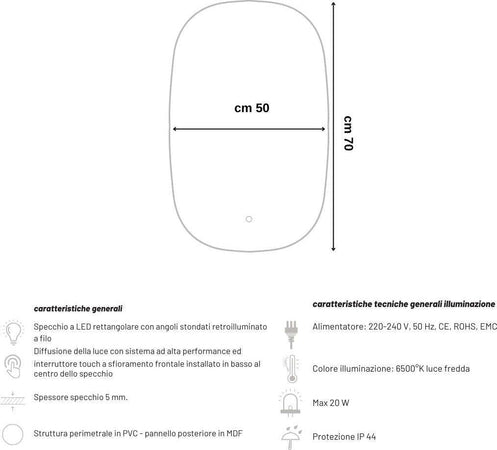Specchio-5-mm-Rettangolare-Stondato-Retroilluminato-Interruttore-Touch