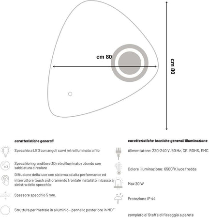 Specchio-5-mm-Triangolare-Smussato-Led-Interruttore-Touch-Alluminio-MDF