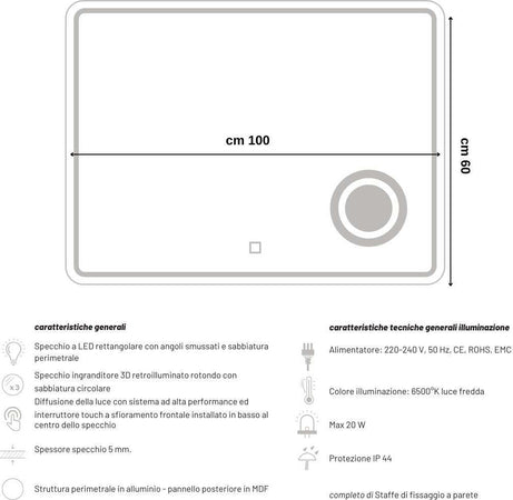 Specchio-5mm-Rettangolare-Smussato-Cornice-Led-Interruttore-Touch-Lente
