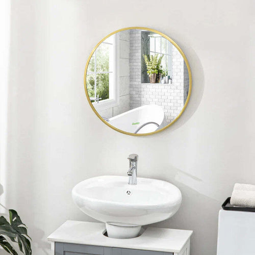 Specchio-Bagno-Rotondo-con-Cornice-da-Parete-in-Lega-di-Alluminio,-Ø50x2cm,-Oro-WF5834-394V01GDWF5