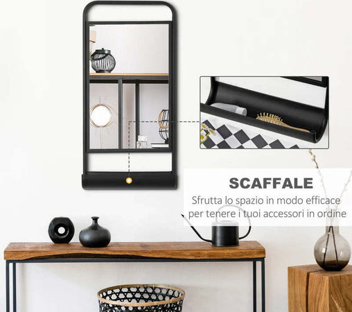 Specchio-da-Parete-con-Mensola-Inferiore-e-Struttura-in-Metallo,-36.2x12x71.7cm,-Nero-JM3830-473JM3