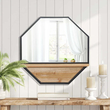 Specchio-da-Parete-Ottagonale-in-Metallo-con-Mensola-in-Legno,-61x61cm-Nero-NH5830-606V00BKNH5