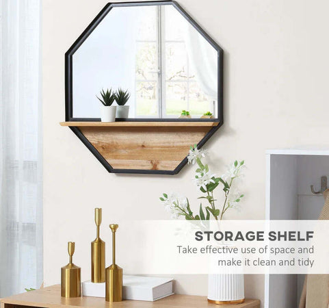 Specchio-da-Parete-Ottagonale-in-Metallo-con-Mensola-in-Legno,-61x61cm-Nero-NH5830-606V00BKNH5