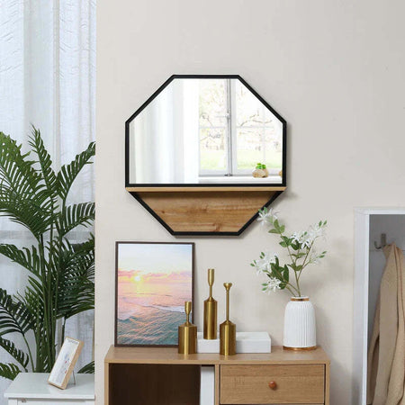 Specchio-da-Parete-Ottagonale-in-Metallo-con-Mensola-in-Legno,-61x61cm-Nero-NH5830-606V00BKNH5