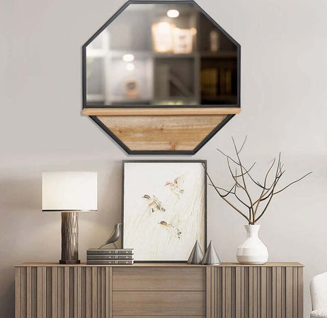 Specchio-da-Parete-Ottagonale-in-Metallo-con-Mensola-in-Legno,-61x61cm-Nero-NH5830-606V00BKNH5