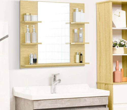 Specchio-da-Parete-Rettangolare-per-Bagno-con-4-Ripiani-Laterali-e-Ampio-Ripiano-Inferiore,-in-MDF-e-Vetro,-80x12.5x70cm-GH6834-423NDGH6