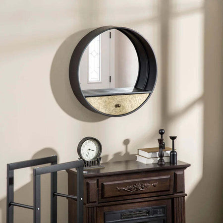 Specchio-da-Parete-Rotondo-da-Ø61cm-con-Cassetto-e-Cornice-in-Metallo-Nero-UJ6830-474UJ6