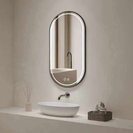 Specchio smart ovale YJ-2004BL con cornice nera in acciaio inox satinato 90x60 cm.