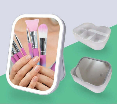 Specchio-Trucco-Illuminato-Con-Luci-Led-Ricaricabile-+-Organizer-Trucchi-Make-Up