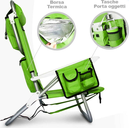 Spiaggina-Pieghevole-Sedia-Spiaggia-Alluminio-con-Borsa-Termica-Spallacci-Verde