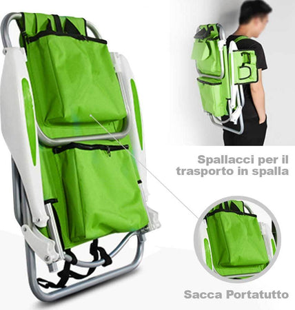Spiaggina-Pieghevole-Sedia-Spiaggia-Alluminio-con-Borsa-Termica-Spallacci-Verde