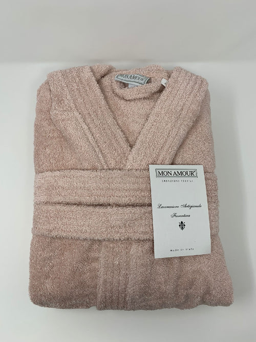 Accappatoio Mon Amour con cappuccio tinta unita rosa 400 gr. di spugna idrofila TG.L