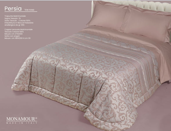 Trapunta matrimoniale art.Persia colore rosa Mon Amour imbottitura in fibra poliestere anallergica da gr.350 Sopra tessuto: PL sotto tessuto: cotone 100%