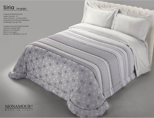 Trapunta matrimoniale art.Siria colore grigio Mon Amour imbottitura in fibra poliestere anallergica da gr.350 Sopra tessuto: PL sotto tessuto: cotone 100%