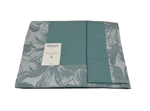 Completo lenzuola matrimoniale Jacquard Mon Amour art. Firenze colore tiffany lenzuolo sopra misure: cm 270×300 sotto con angoli misure cm 180x200 h cm 30