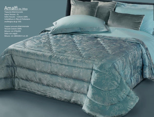 Trapunta matrimoniale art.Amalfi colore tiffany Mon Amour imbottitura in fibra poliestere anallergica da gr.350 Sopra tessuto: PL sotto tessuto: cotone 100%