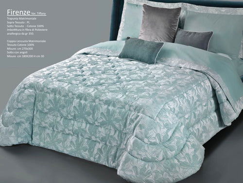 Trapunta matrimoniale art.Firenze colore tiffany Mon Amour imbottitura in fibra poliestere anallergica da gr.350 Sopra tessuto: PL sotto tessuto: cotone 100%