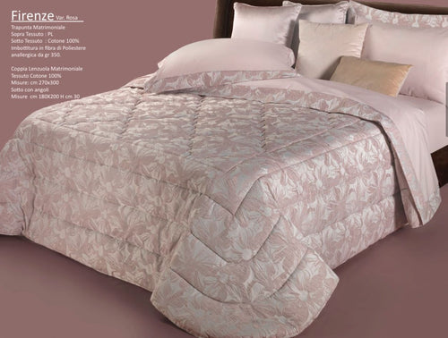 Trapunta matrimoniale art.Firenze colore rosa Mon Amour imbottitura in fibra poliestere anallergica da gr.350 Sopra tessuto: PL sotto tessuto: cotone 100%