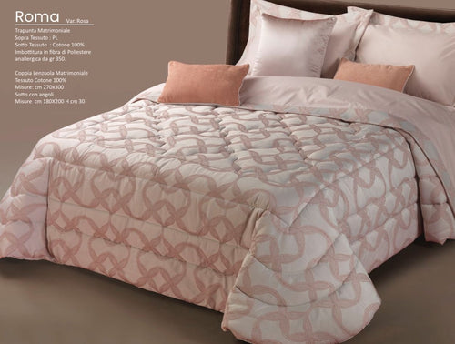 Trapunta matrimoniale art.Roma colore rosa Mon Amour imbottitura in fibra poliestere anallergica da gr.350 Sopra tessuto: PL sotto tessuto: cotone 100%