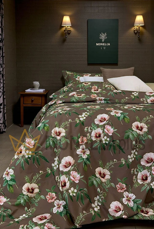 Completo lenzuola matrimoniale Svad Dondi 100% raso di cotone lenzuola sopra stampato all over art.Alicia colore cannella