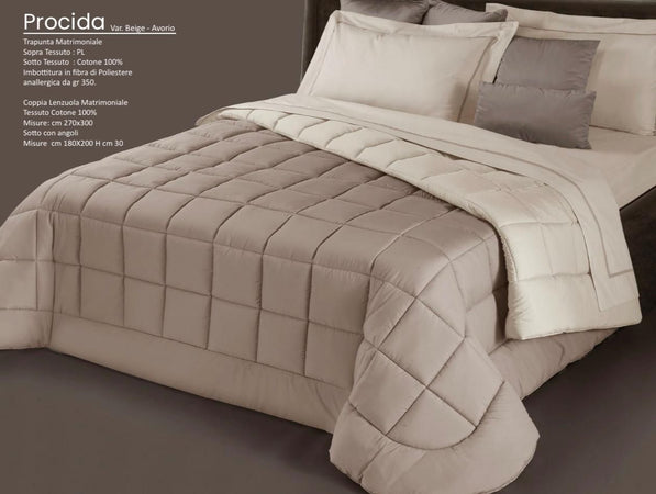 Trapunta matrimoniale art.Procida colore avorio-beige Mon Amour imbottitura in fibra poliestere anallergica da gr.350 Sopra tessuto: PL sotto tessuto: cotone 100%