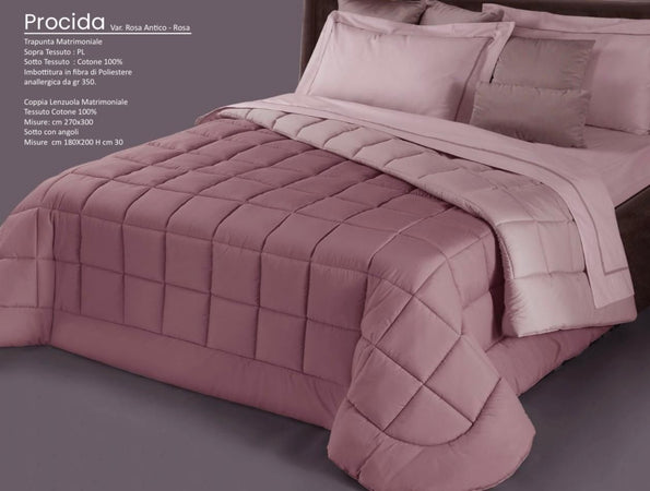Trapunta matrimoniale art.Procida colore rosa-rosa antico Mon Amour imbottitura in fibra poliestere anallergica da gr.350 Sopra tessuto: PL sotto tessuto: cotone 100%