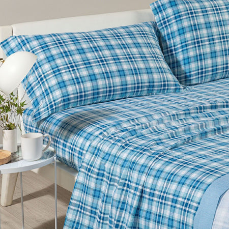 Completo lenzuola in flanella matrimoniale Caleffi art.Club House colore blu