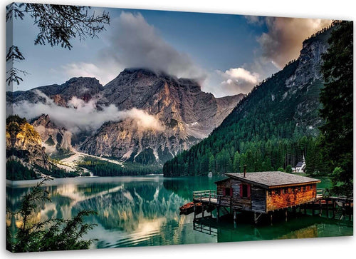 Stampa-su-tela-Capanna-al-lago-di-montagna-Dolomiti