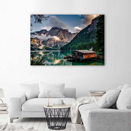Stampa-su-tela-Capanna-al-lago-di-montagna-Dolomiti