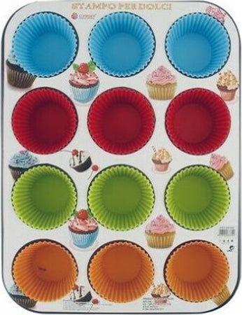 Stampo-Teglia-Vassoio-Antiaderente-Per-12-Muffin-Dolci-Con-Pirottini-In-Silicone