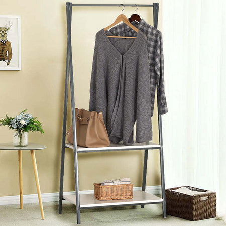 Stand-Appendiabiti-da-Terra-con-2-Ripiani-MDF-Struttura-in-Metallo-Salvaspazio