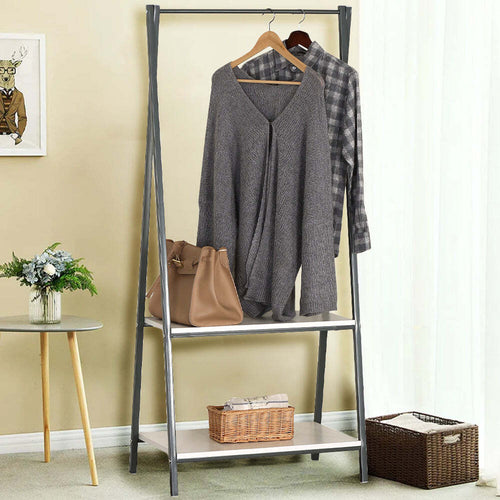 Stand-Appendiabiti-da-Terra-con-2-Ripiani-MDF-Struttura-in-Metallo-Salvaspazio